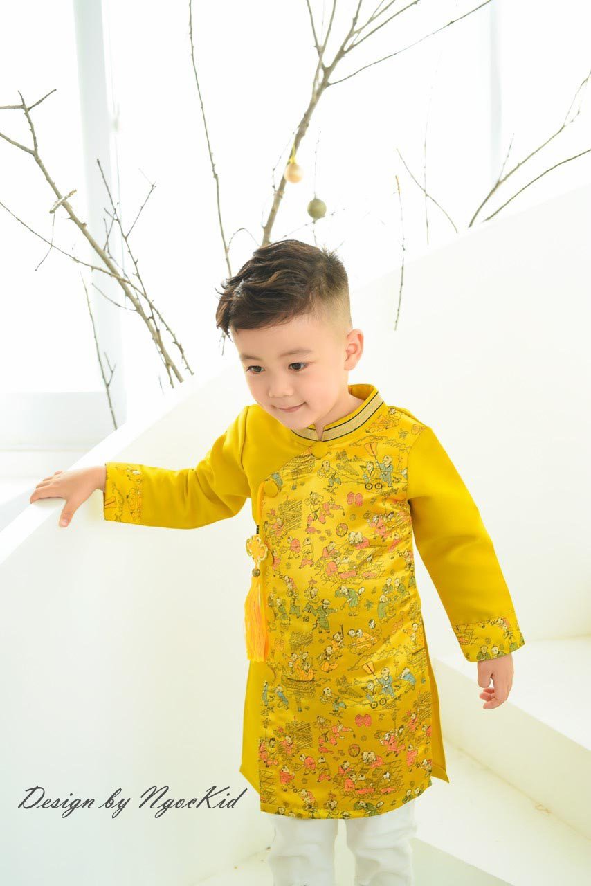 Áo dài cách tân bé trai 1-12 tuổi vải gấm thượng hải hình Bách nhi đồ hàng thiết kế cao cấp