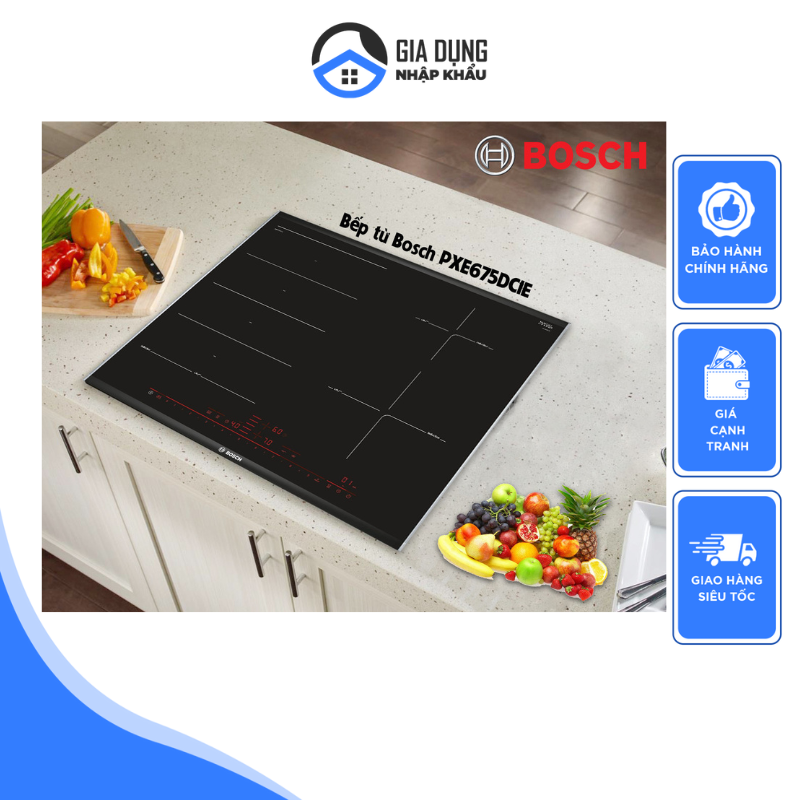 Bếp từ bosch pxe675dc1e, 4 mặt bếp, tự nhận diện nồi, mặt gốm độc quyền schottceranz, 17 mức công suất nấu, nhập khẩu tây ban nha, bảo hành 12 tháng