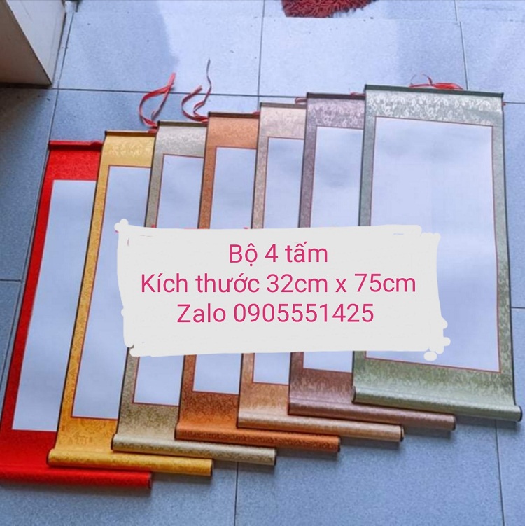 Bộ 4 tấm biểu bồi lụa . Biểu lụa thư pháp. Giấy viết thư pháp. Mành tre. Biểu bồi lụa. Thư pháp.