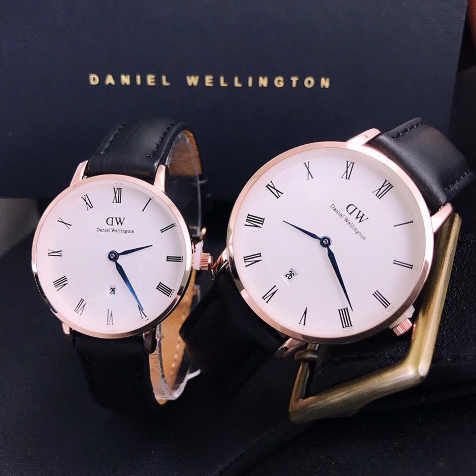 Đồng hồ cặp D Wellington sang trọng dây da đen