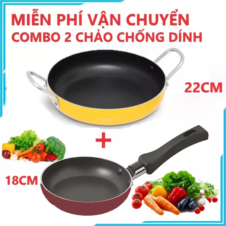 Chảo chống dính 22cm 2 quai tặng chảo 1 quai 18cm siêu đẹp - cặp chảo thái gia