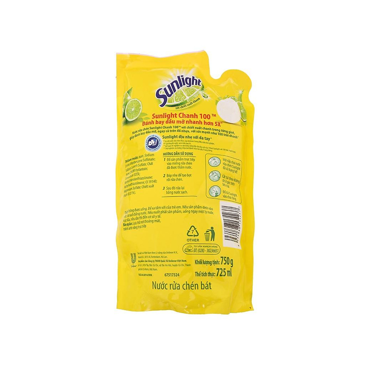 [HCM]Nước rửa chén Sunlight Chanh Túi 750g