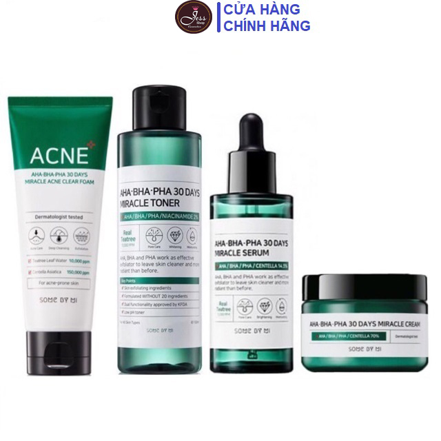 Bộ 4 Sản Phẩm Giảm Mụn Some By Mi AHA-BHA-PHA 30 Days Miracle (Srm,Toner, Serum, Cream)