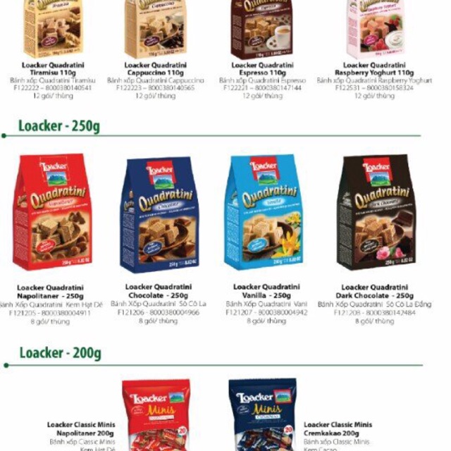 Bánh xốp Loacker Quadratini Chocolate 250g- Nhập khẩu Ý