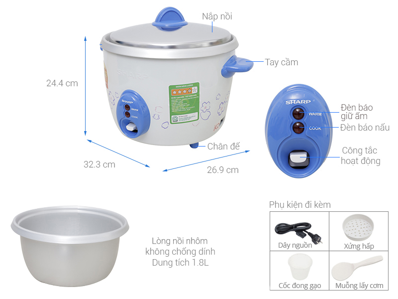 Sharp - Nồi Cơm Điện Chất Lượng, Chính Hãng, Đời Mới 2022 Nồi Cơm Điện | SHARP - Nồi Cơm Điện Nắp Rời Sharp KSH-D18 (1.8L) Công Suất: 700W Dung Tích 1.8 Lít Giữ Ấm Tối Đa: 5 Giờ Lồng Nồi Bằng Nhôm Cao Cấp Có Muỗng Xới Cơm