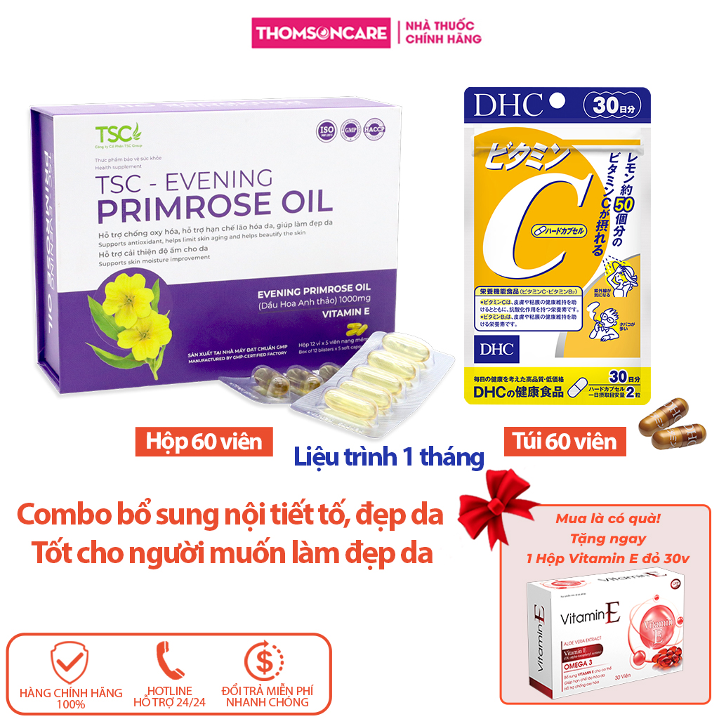 Combo nội tiết tố, sinh lý nữ, sáng da hoa anh thảo Evening Primrose Oil TSC 30v và Vitamin C DHC 60v - Thomsoncare
