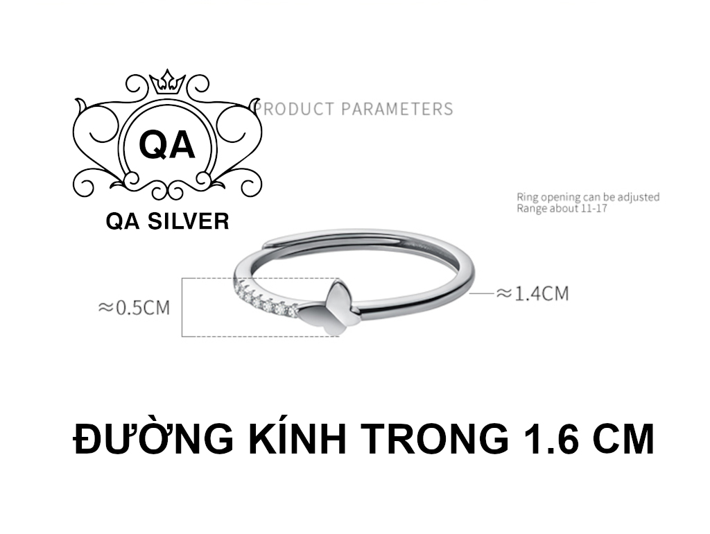 Nhẫn bạc 925 nữ hồ điệp bướm đính đá rãnh trượt freesize S925 BUTTERFLY QA SILVER Ring RI231201