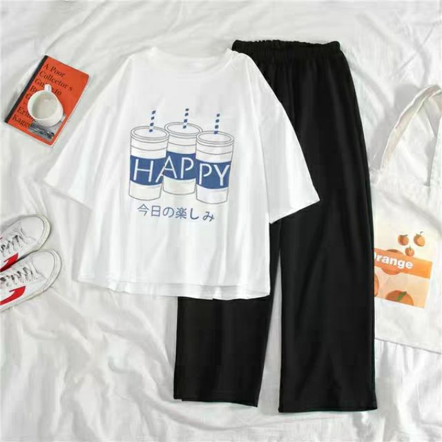 Sét Quần Áo Nữ Thời Trang Xinh Cute Mặc Đi Chơi Dạo Phố, Chất Liệu Áo Cotton Organic Ngắn Tay Cổ Tròn In Ngựa Uni Cầu Vồng Kèm Quần Ống Rộng