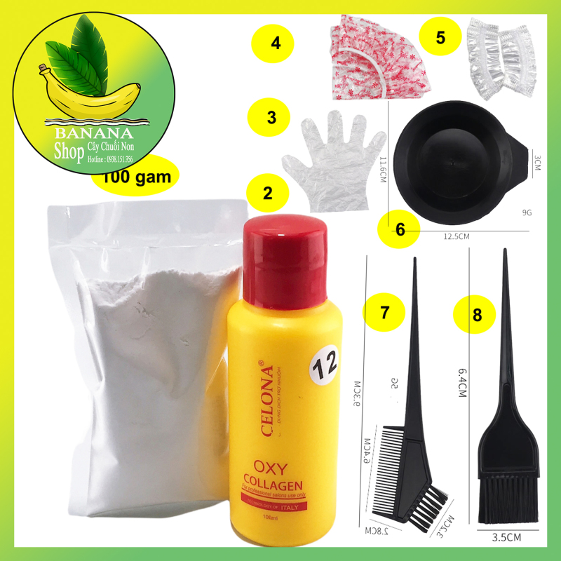 Combo Kết Hợp 100 gam Bột Tẩy Tóc + Oxy 12% Collagen + 6 Món phụ kiện hỗ trợ tẩy tóc tại nhà bao gồm