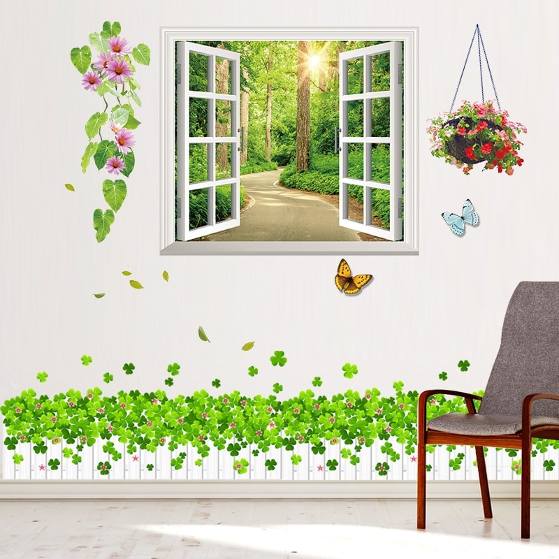 Decal dán tường cửa sổ rừng cây xanh và hàng rào trắng