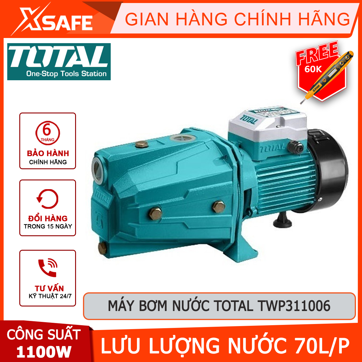 Water pump total TWP311006 mini water pump input power 1100W pumping height 60m flow 70L/minute Độ suction deep 9M, water pump up tank, watering plants, water pressure booster