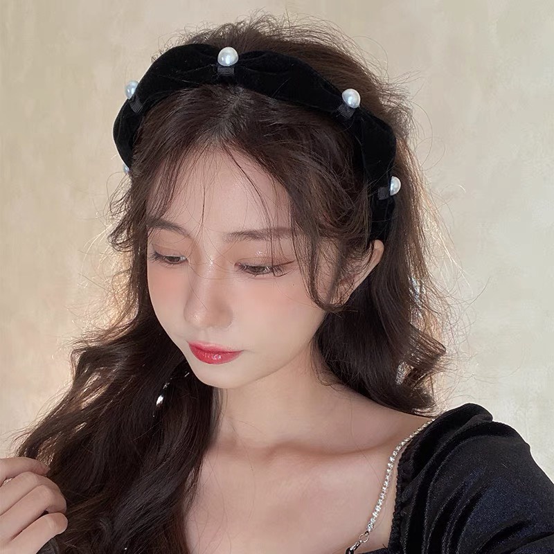 Bờm tóc nơ nhung bờm tóc nữ phối ngọc trai nhân tạo - Y039
