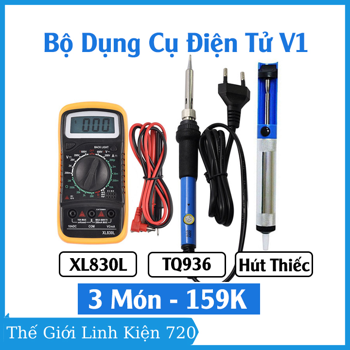 Combo sửa chữa điện tử 3 món đồng hồ điện tử XL830L + Mỏ hàn chỉnh nhiệt TQ936 + Hút thiếc chì mini đo điện, hàn mạch