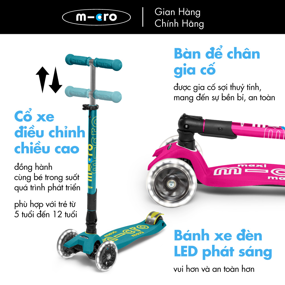 Xe trượt scooter Micro Maxi Deluxe Foldable LED (phiên bản gập gọn và bánh xe đèn LED)