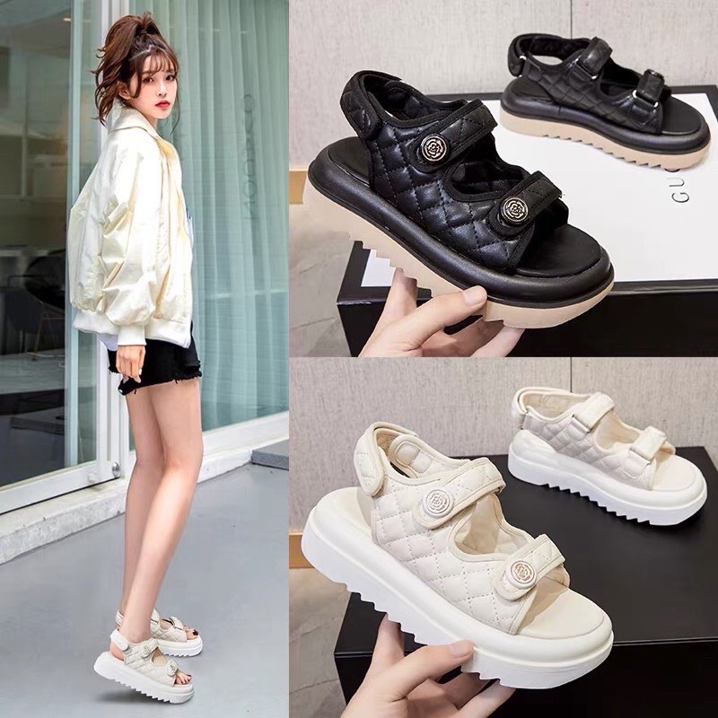Dép sandal nữ hoa trà đế cao 5cm cao cấp