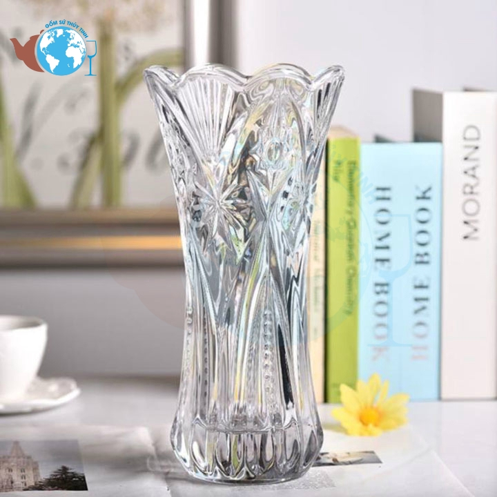 Bình bông lọ hoa thủy tinh cao 20cm trắng trong họa tiết ngẫu nhiên