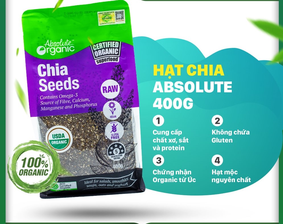 Absolute Organic Raw Chia Seeds 400g - Gluten-Free, Vegan, Non-GMO, USDA Certified, Australian Superfood