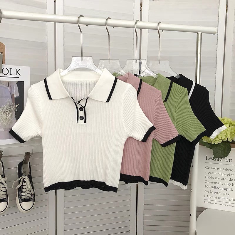 Áo thun gân tăm len croptop dáng ngắn trụ viền cổ, cổ sơ mi thun kiểu croptop nhiều mau, chất thun gân