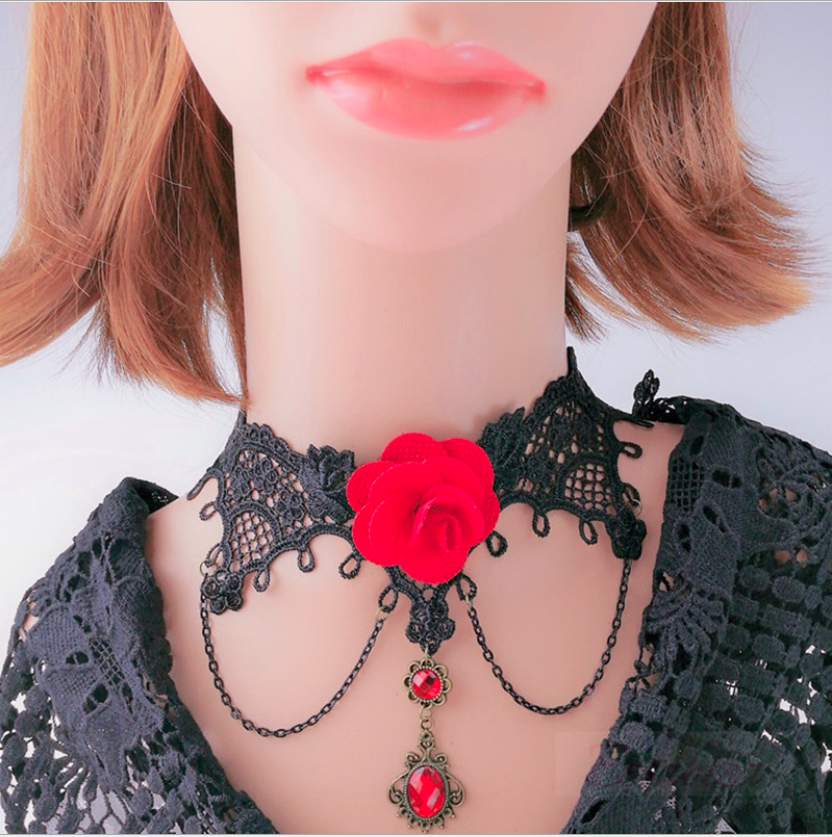 [HCM]Vòng cổ choker ren đen bông hồng đỏ phá cách