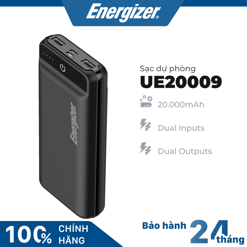 [FAST CHARGING] Sạc dự phòng Energizer UE20009 dung lượng pin lớn 20000mAh tích hơp 2 outputs 2 inputs