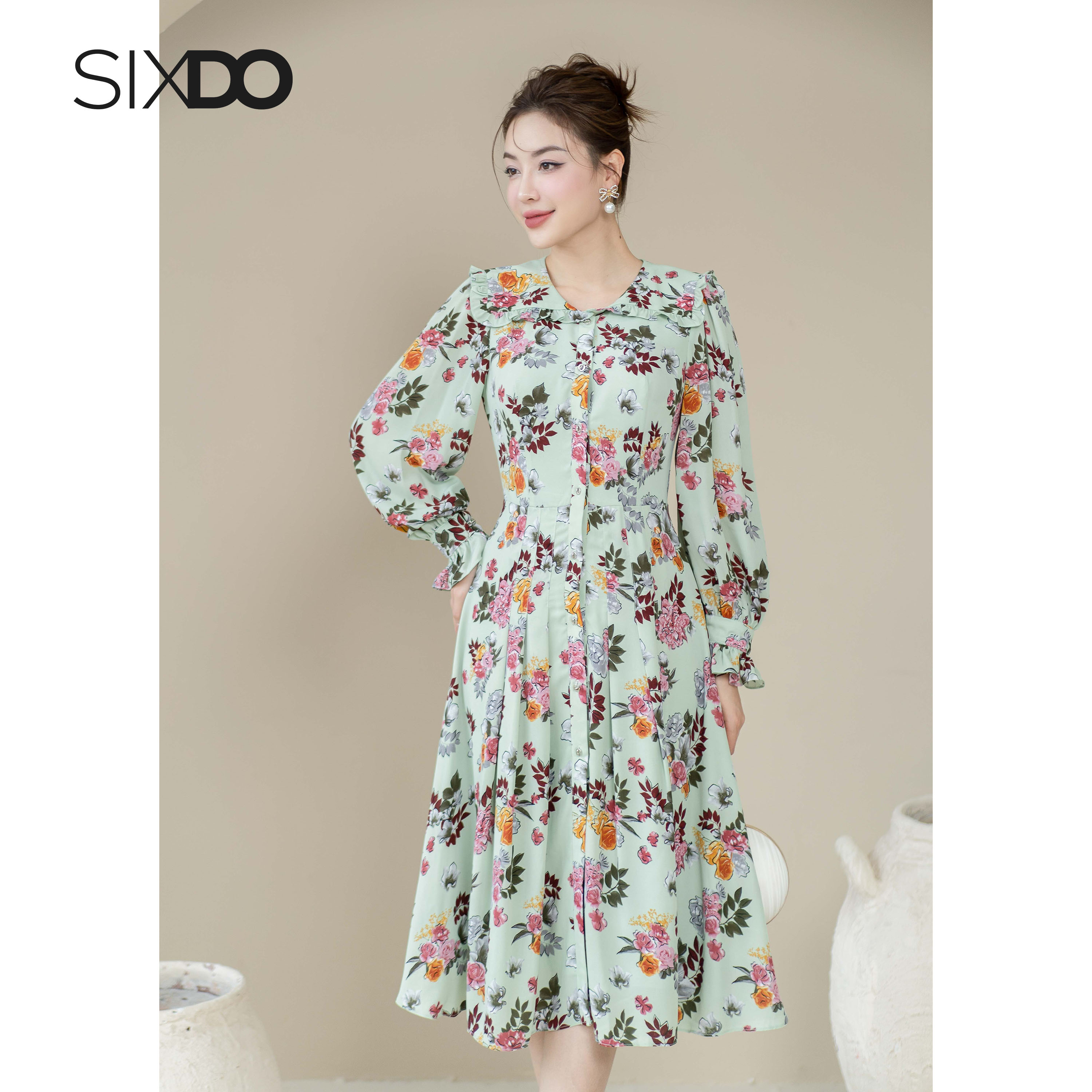 Đầm chiffon họa tiết hoa xếp ly SIXDO (Floral Midi Chiffon Dress)