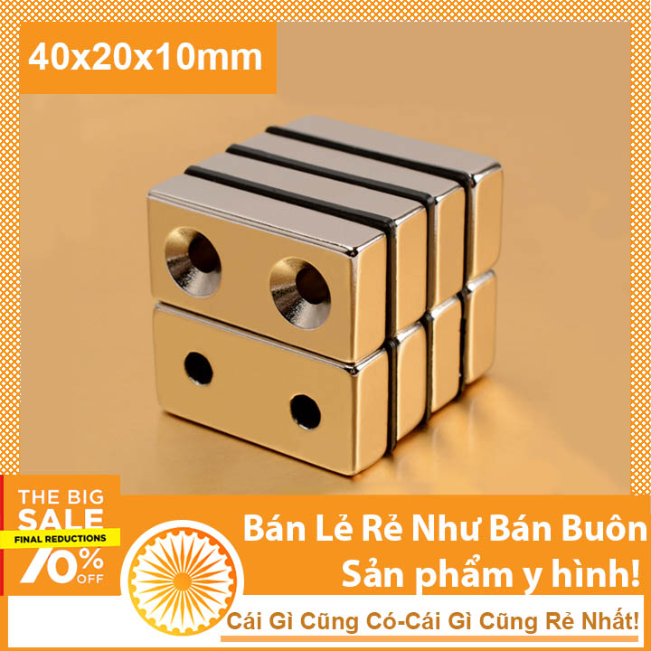 Nam châm đất hiếm 2 lỗ vít 40x20x10mm