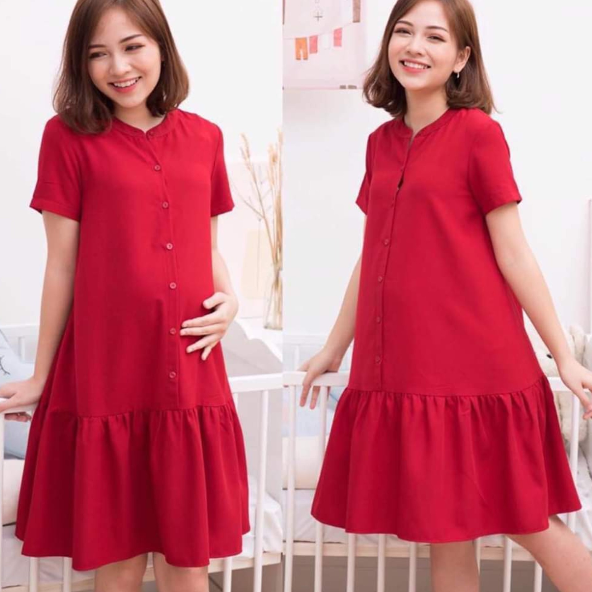 Váy Bầu Công Sở Thiết Kế - Đầm Bầu Cổ Sơ Mi Lụa Tằm Mềm Mát