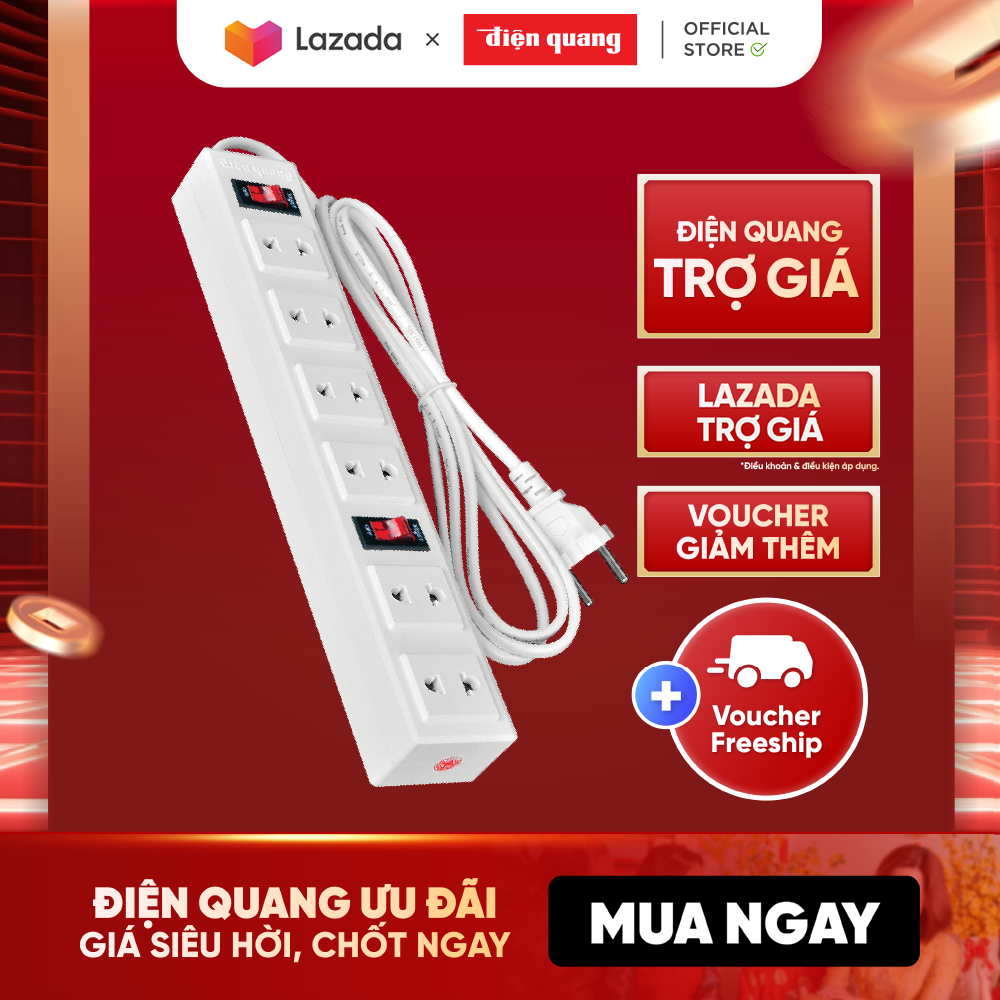Ổ cắm điện đa năng Điện Quang ĐQ 001A-01 (6 lỗ 2 chấu dây 5 mét) công suất 2500W, tự ngắt khi quá tải, BH 12 tháng