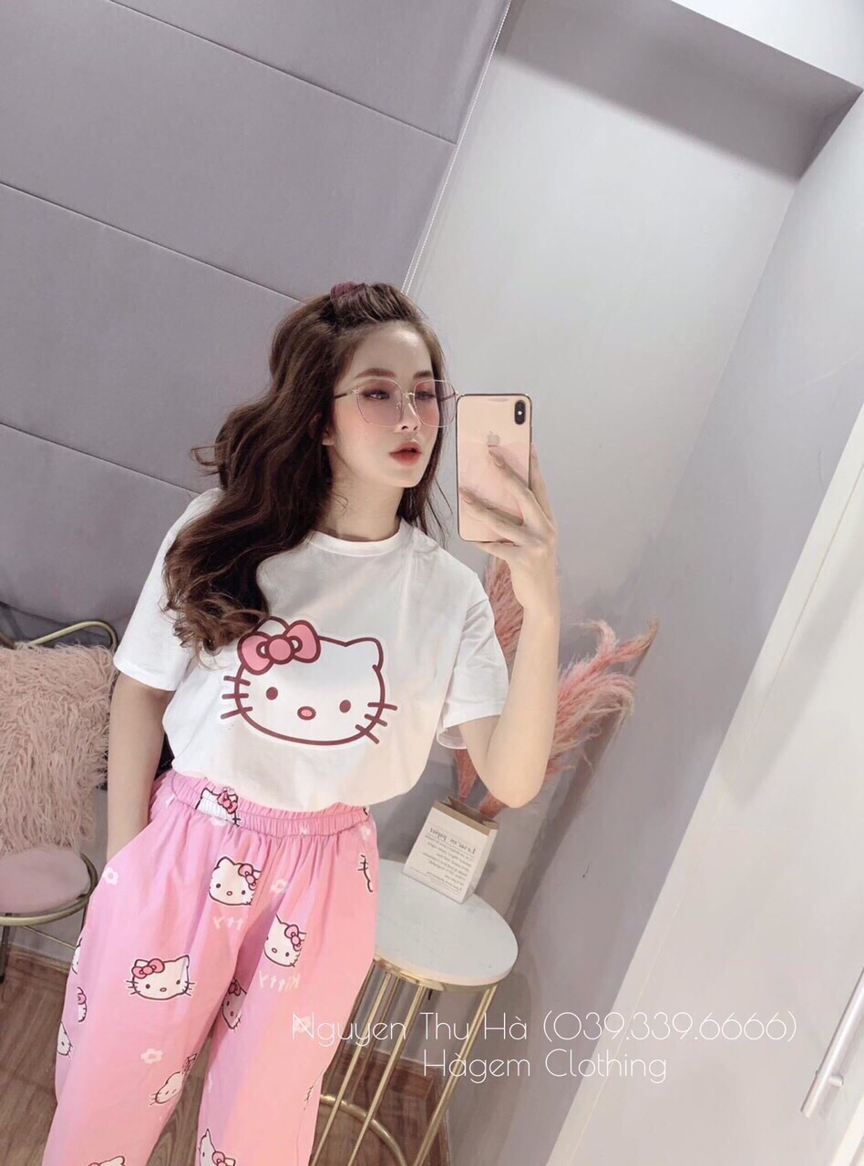 Set bộ nữ áo thun tay ngắn in hình mèo kèm quần dài