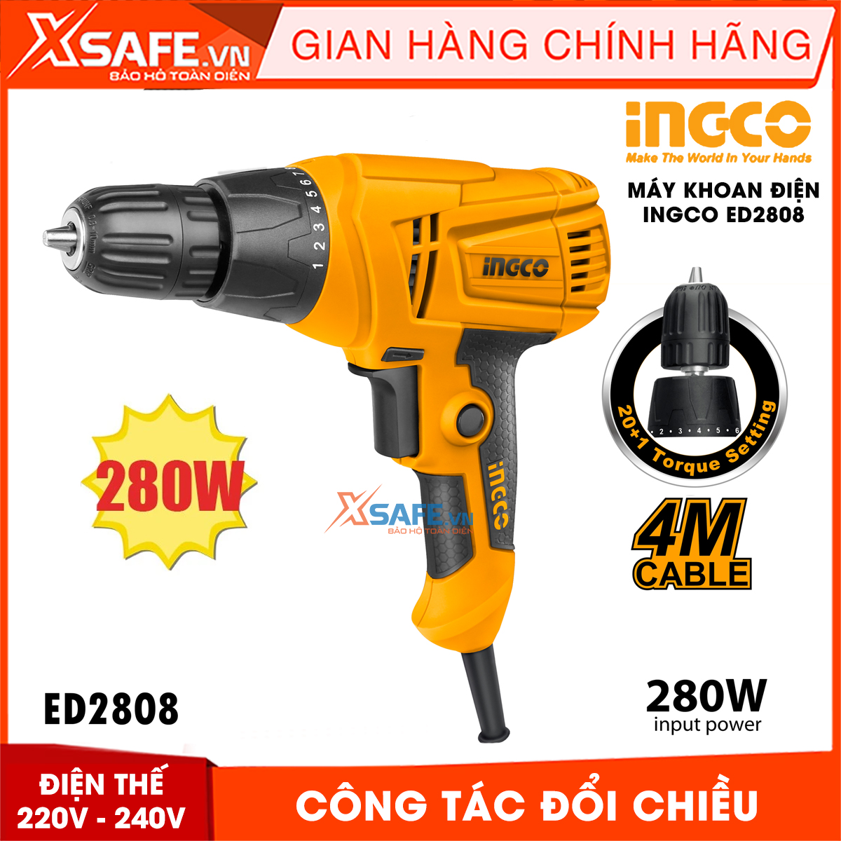 Electric drill ingco ED2808 voltage 220-240V power 280W. Drilling machine no-load speed 0-750rpm, drilling capacity maximum 10mm, top automatic drill 10mm variable speed switch reversing wire cable 4m, set torque size 20 + 1