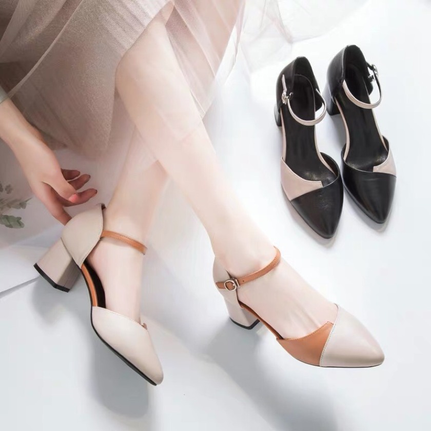Giày Sandal Nữ Mũi Nhọn Pha Màu gót vuông 5cm kèm video giá rẻ
