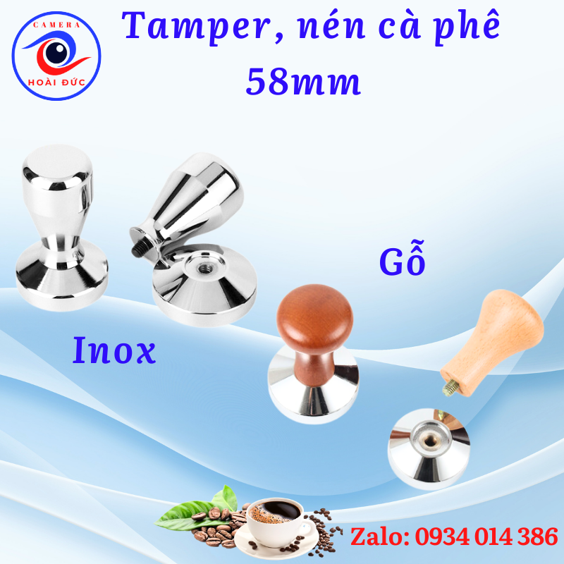 Tamper 58mm, tamper cafe inox 58mm, tamper gỗ 58mm