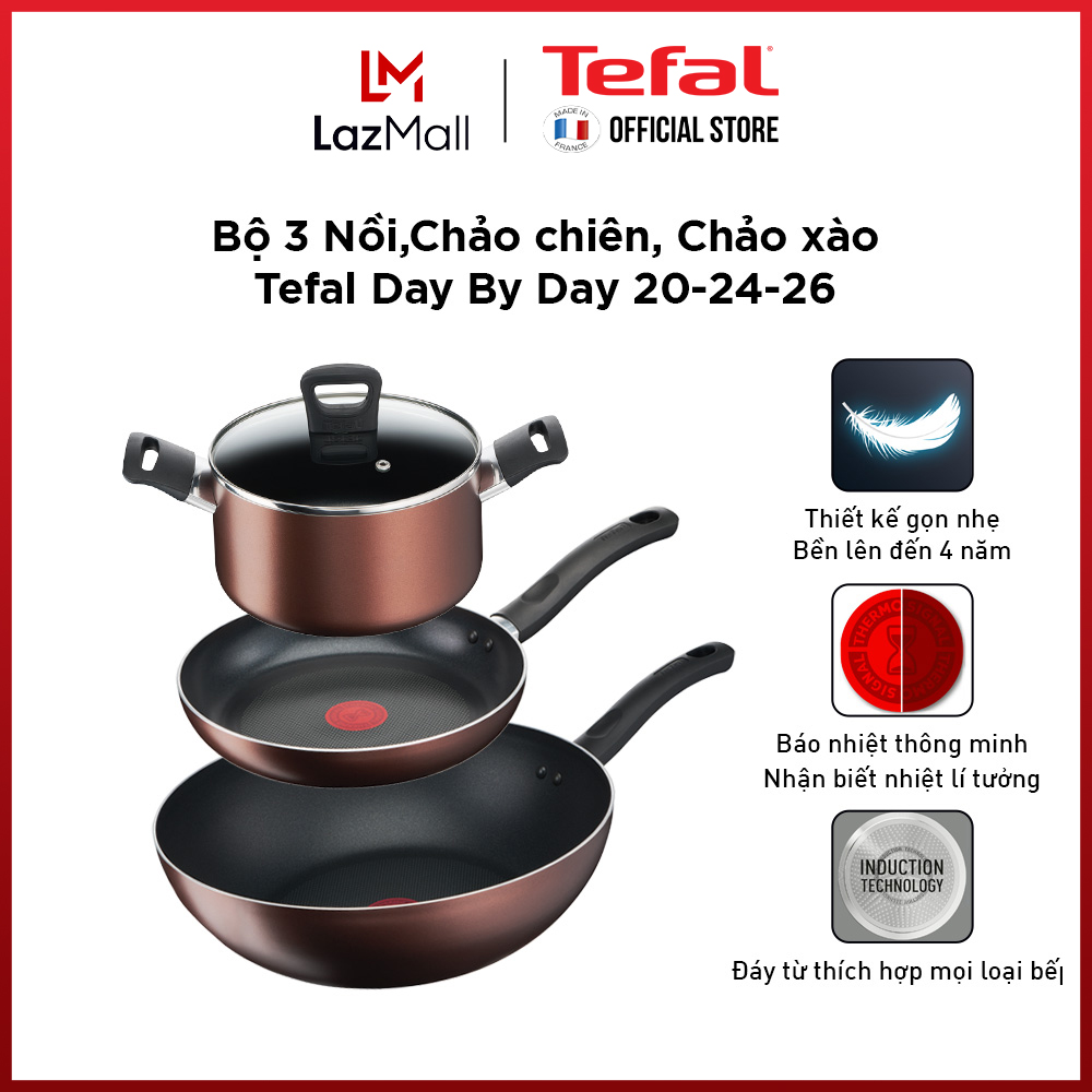 Bộ 3 nồi chảo chống dính đáy từ Tefal Day by Day dùng cho mọi loại bếp (nồi 20cm, chảo 24cm &26cm ) - Gian hàng chính hãng bảo hành 2 năm-BO3DBD5