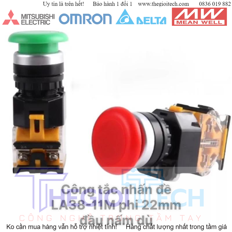 Công tắc nhấn đề LA38-11M phi 22mm đầu nấm dù