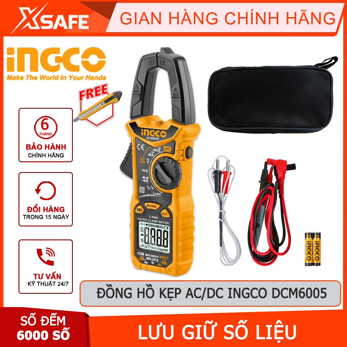 Đồng pool clip AC/DC ingco DCM6005 | Ampe pliers AC/DC 6000 count/holder data material direct current 60A / 600A ± (2,5% + 5) performance 1% ~ 99% ± (1.0% + 2) used to measure current, voltage or resistor [xsafe]