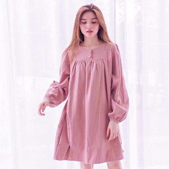 [HCM]Đầm suông hồng tay dài nút bọc (kèm hình thật)