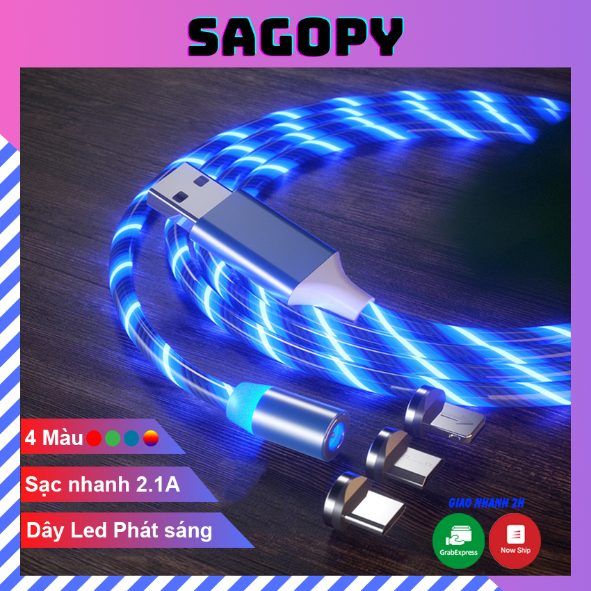 Dây cáp sạc iphone Lightning, Samsung type C, Micro Oppo, dây cáp sạc điện thoại nam châm có đèn Led sạc nhanh Sagopy