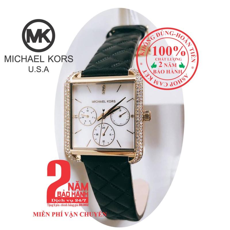 Đồng hồ nữ MK MK2769, vỏ Vàng (Gold), mặt Trắng bạc, dây da đen (Black), viền đồng hồ nạm đá pha lê Swarovski - MK2769