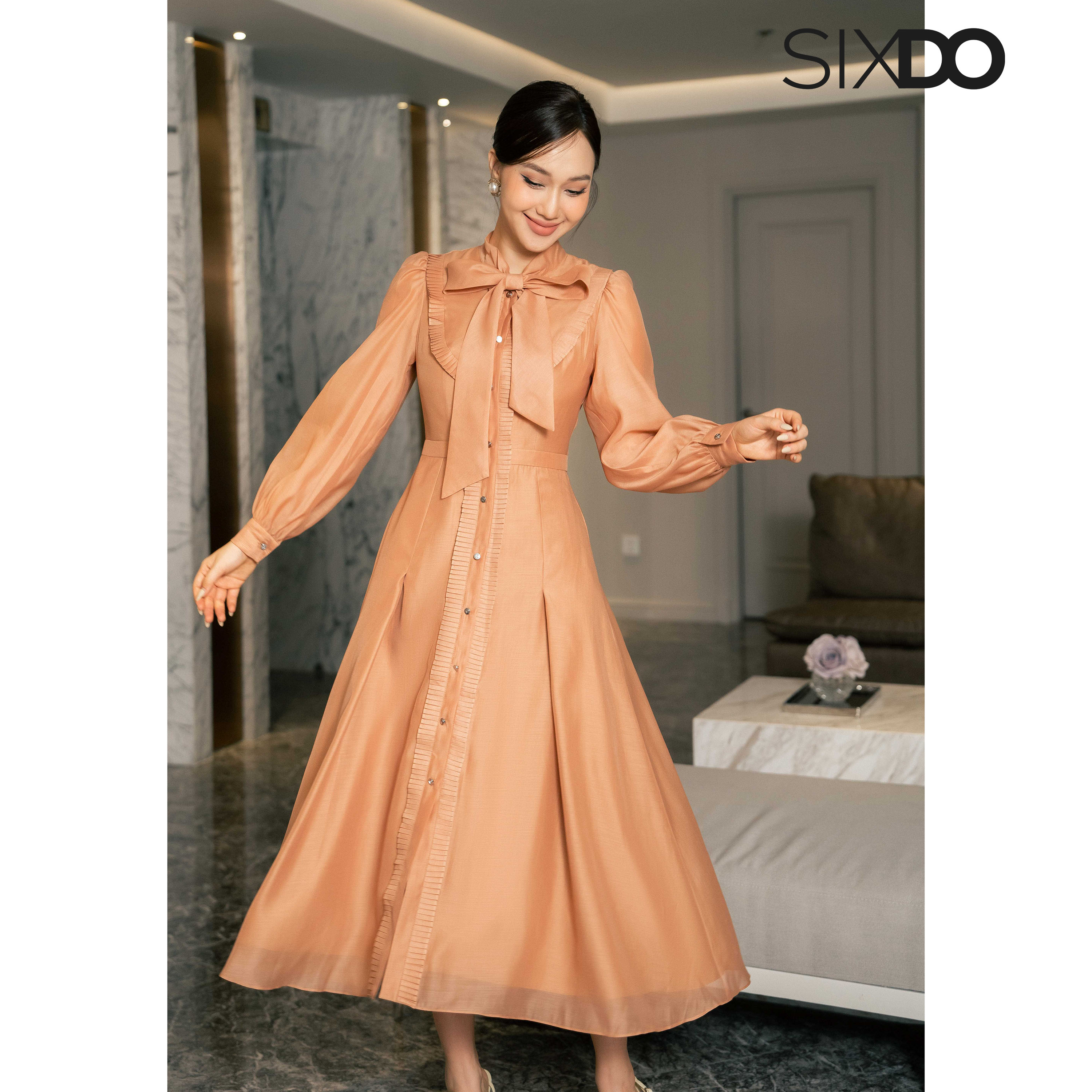 Đầm nâu tơ organza phối nơ cổ SIXDO