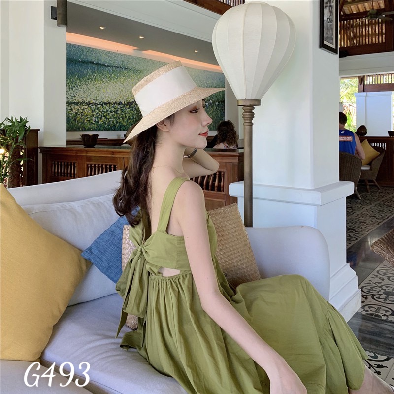 Đầm xoè nữ maxi đi biển kiểu nơ lưng voan lụa G493