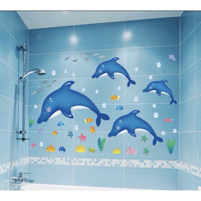 Decal dán tường đàn cá heo ngộ nghĩnh, đáng yêu trang trí nhà tắm