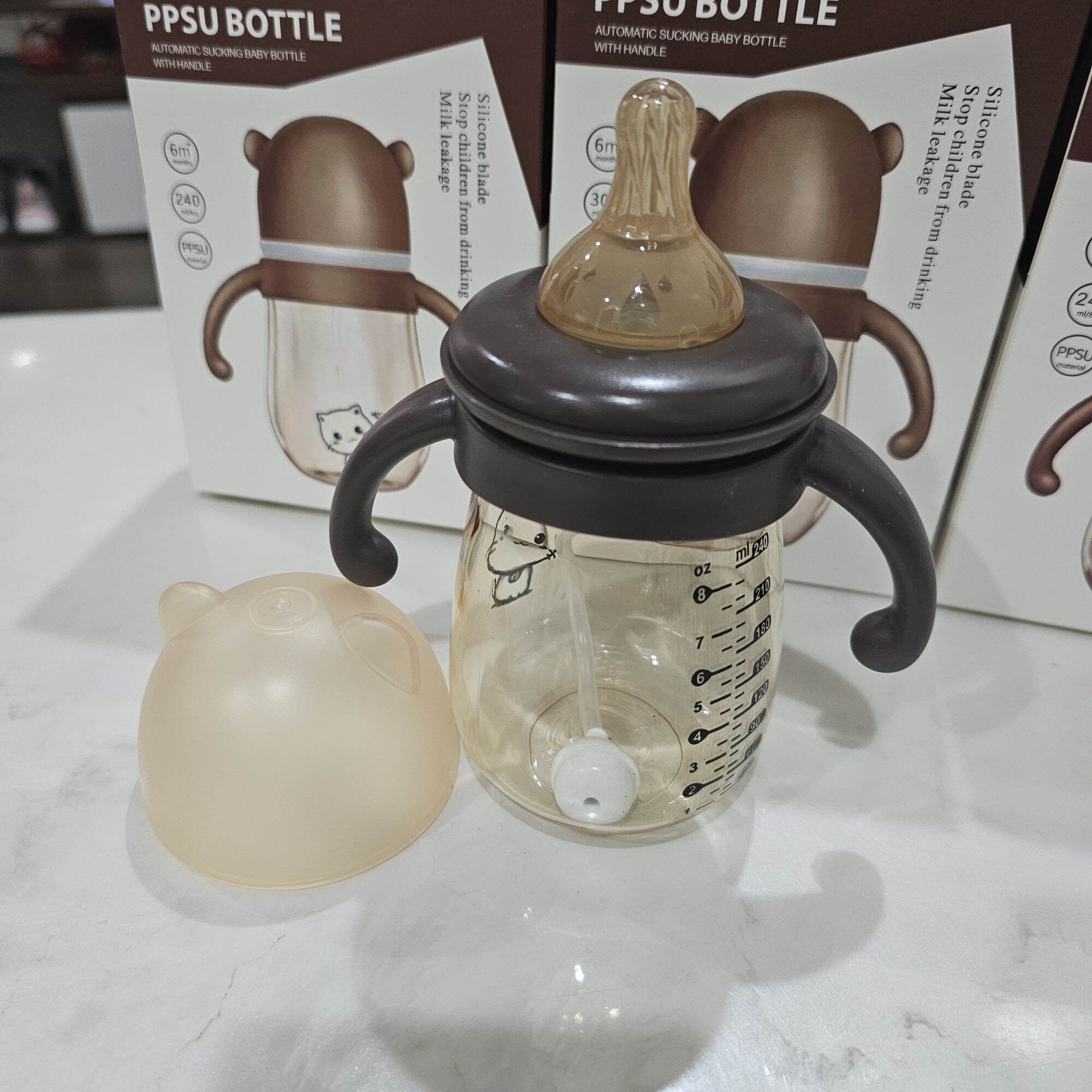 Bình sữa hình mèo 240ml/300ml  [có tay cầm và van chống sặc kèm ống hút]