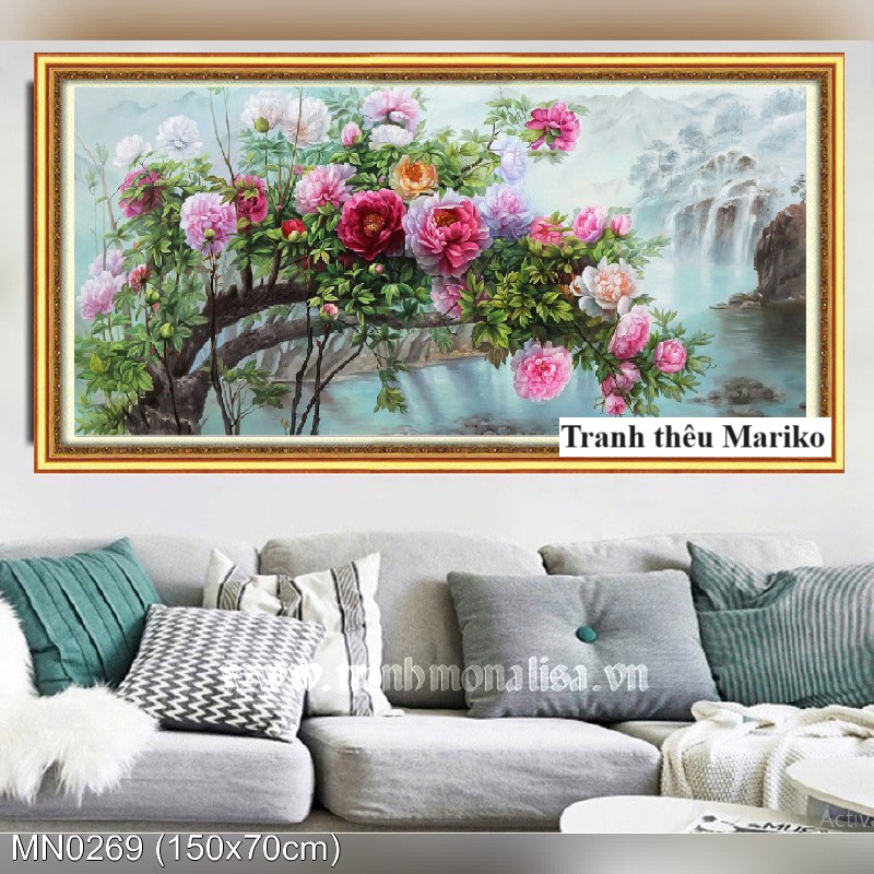 Tranh thêu kín hoa mẫu đơn mn0269 kích thước 150 x 70 cm
