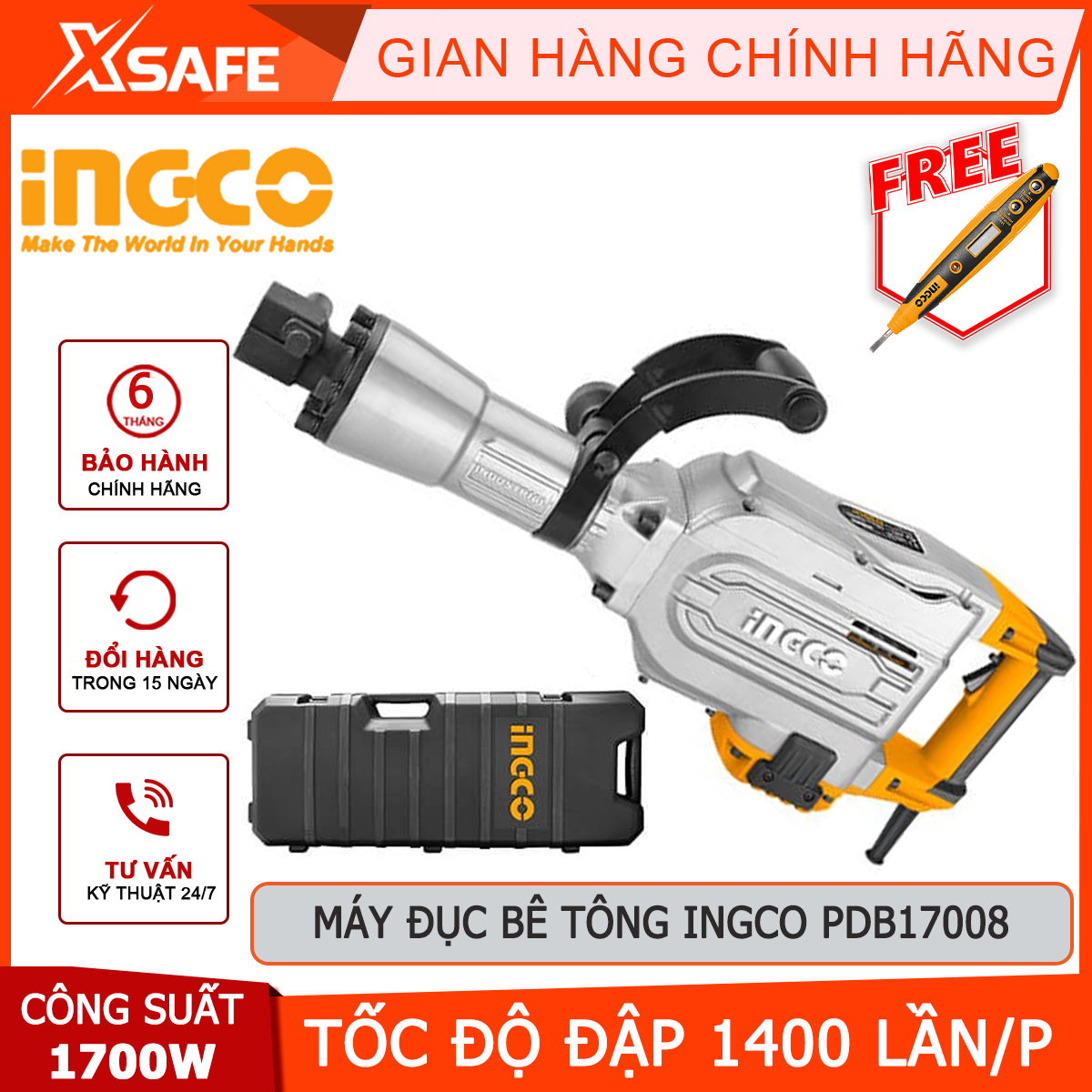 Punching machine concrete ingco PDB17008 | machine drill chisel 1700W, speed beating 1400 times/min, force beating 50J, top pair SDS hex, drill chisel breaking walls, concrete, hard material