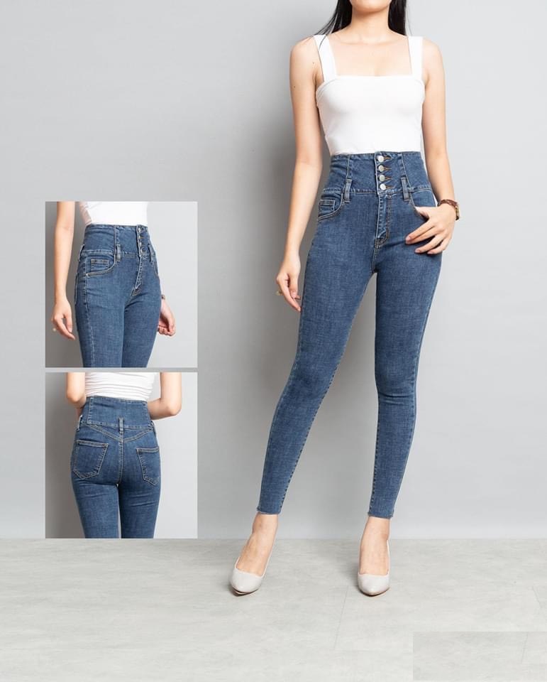 quần jean nữ lưng cao PHỐI 4 CÚC TRƯỚC MÀU XANH chất đẹp siêu hot,  chất giãn tốt 4khuy-11
