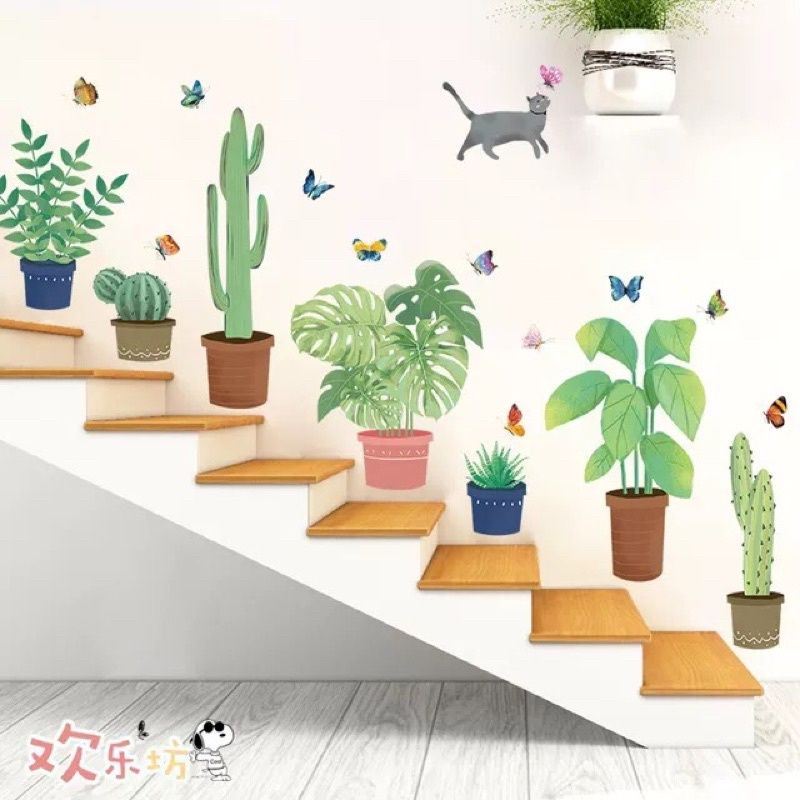 Decal dán tường chậu cây và mèo con