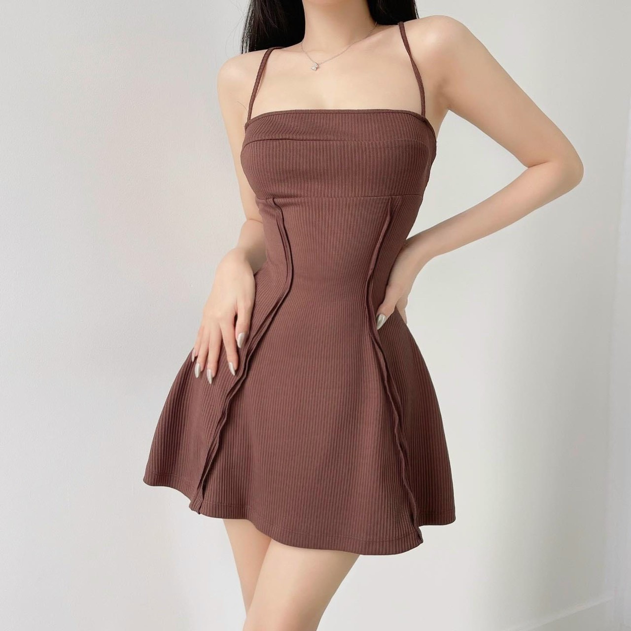 Đầm Xòe Hai Dây Thun Gân Siêu Hot