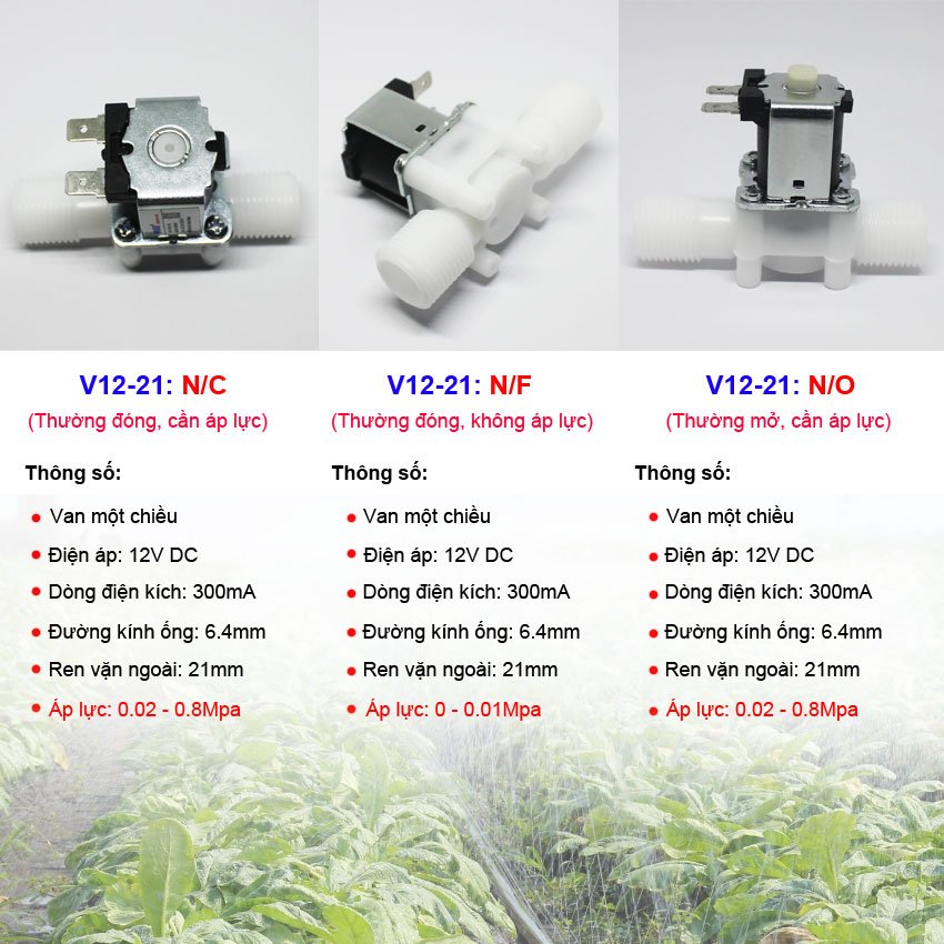 [HCM]Bộ van điện từ phi 21 N/C (Van thường đóng) kèm nguồn 12V 1A: Vcom 21