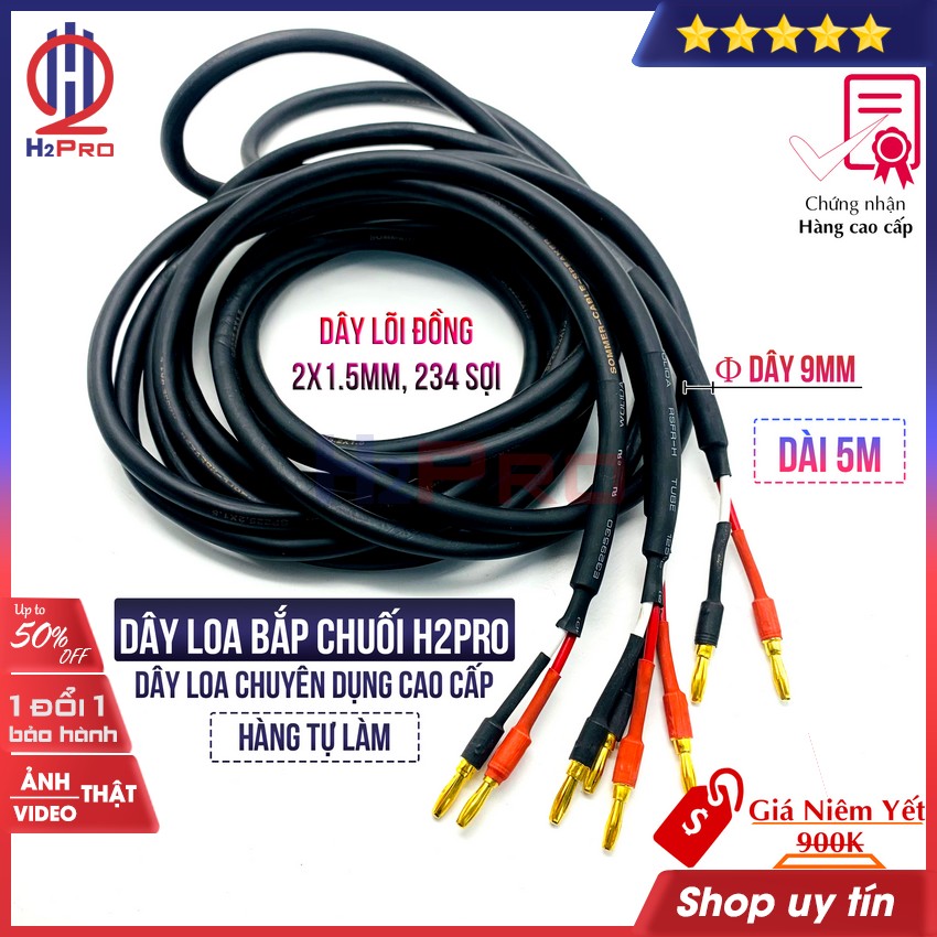 Cặp dây loa sommer đức đầu jack bắp chuối, lõi đồng 2x1.5mm, 8 đầu dây loa bắp chuối cao cấp dài 2m, 3m, 5m-h2pro tech