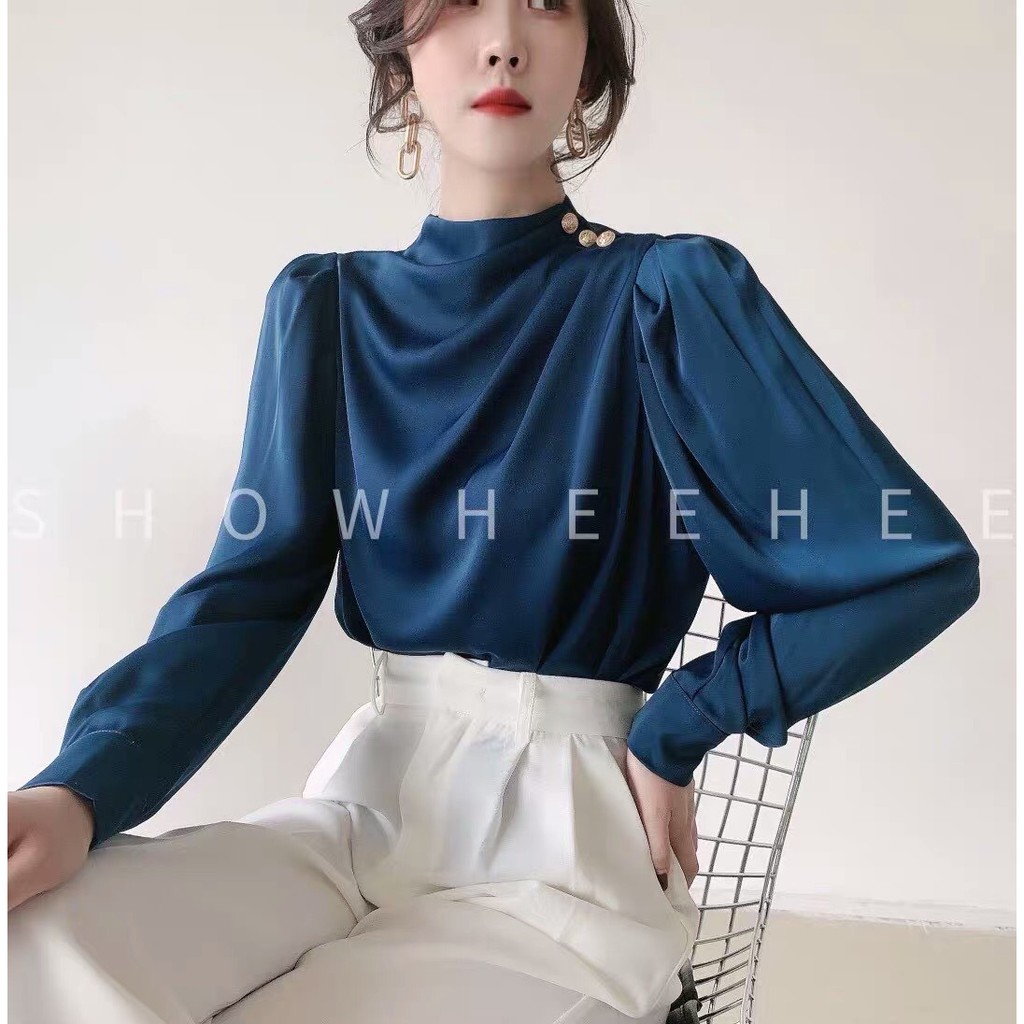 Áo sơ mi lụa xếp ly vai- áo sơ mi kiểu công sở